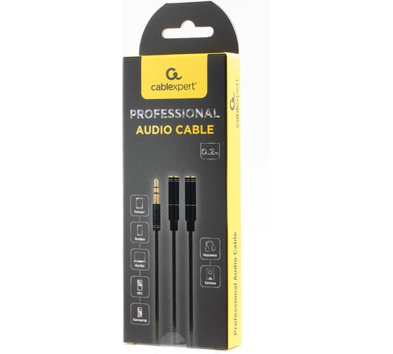 Аудио кабель Cablexpert Jack 3.5 4pin(M)/2х Jack 3.5(F), науш.и микроф, 0.2м, черн, кор CCAB-02-35MYHM-0.2MB