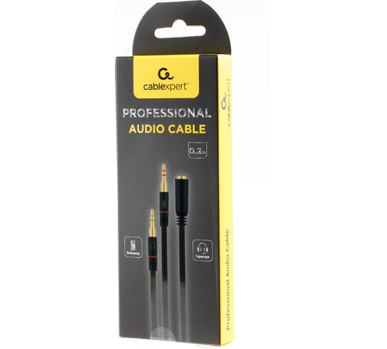 Аудио кабель Cablexpert Jack 3.5 4pin(F)/2х Jack 3.5(M), науш.и микроф, 0.2м. черн, кор CCAB-02-35F2M-0.2MB