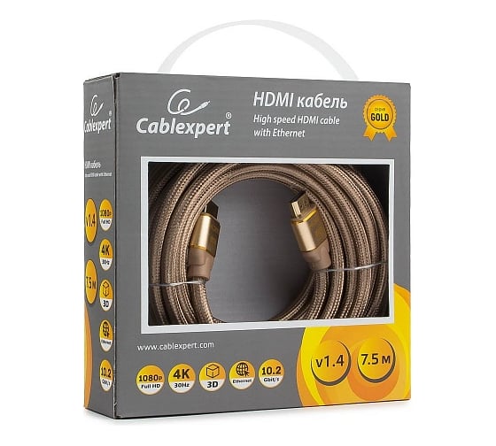 Кабель Cablexpert HDMI 7.5 м, v1.4 M/M, золотой, CC-G-HDMI03-7.5M