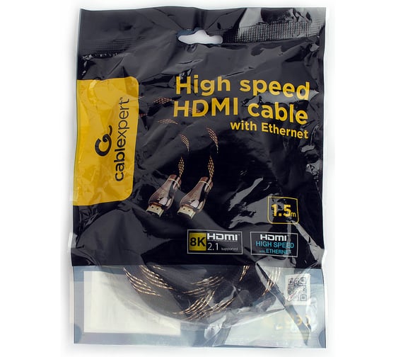 Кабель HDMI Cablexpert, v2.1, 8K, 19M/19M, 1.5м, медь, позол.разъемы, экран, оплетка, черный CCP-HDMI8K-1.5M
