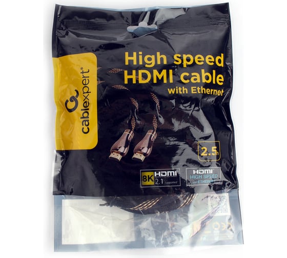 Кабель HDMI Cablexpert, v2.1, 8K, 19M/19M, 2.5м, медь, позол. разъемы, экран, оплетка, черный CCP-HDMI8K-2.5M