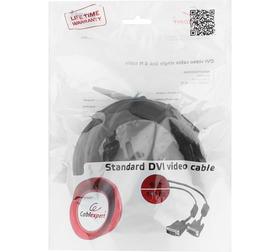 Кабель DVI-D Cablexpert single link, экранировка, ферритовые кольца, 1.8м, пакет, черный CC-DVI-BK-6 19M/19M