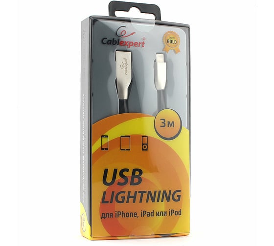 Кабель для Apple Cablexpert AM/Lightning, серия Gold, длина 3м, блистер, черный CC-G-APUSB01Bk-3M