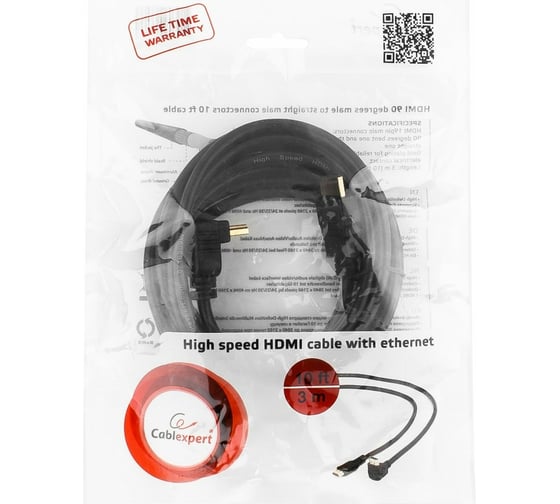 Кабель HDMI Cablexpert 3.0 м v2.0 19M/19M медь, позол.разъемы, экран, угловой разъем черный CC-HDMI490-10