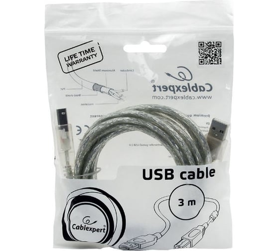 Кабель Cablexpert USB 2.0 Pro AM/BM, 3м, экран прозрачный CCF-USB2-AMBM-TR-10