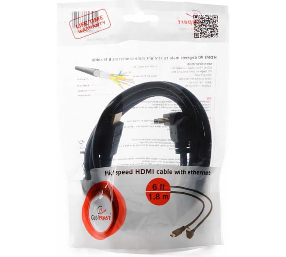 Кабель Cablexpert HDMI v2.0, 19M/19M, 1.8м, медь, позол.разъемы, экран, угловой разъем, черный CC-HDMI490-6