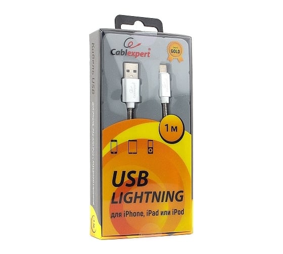 Кабель для Apple Cablexpert, AM/Lightning, серия Gold, длина 1 м, серебро, блистер, CC-G-APUSB02S-1M