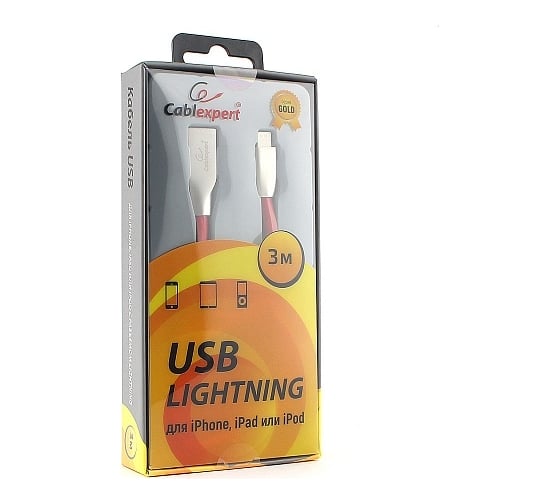 Кабель для Apple Cablexpert, AM/Lightning, серия Gold, длина 3 м, красный, блистер, CC-G-APUSB01R-3M