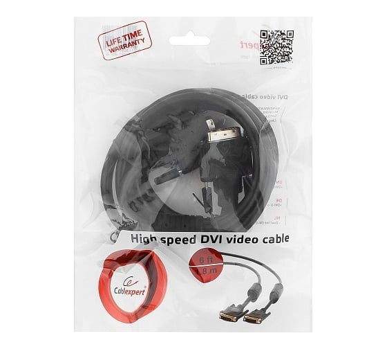 Кабель Cablexpert, DVI-D, dual link, 25M/25M, экран, феррит.кольца, медь, 1.8м, черный, пакет, CC-DVI2-BK-6
