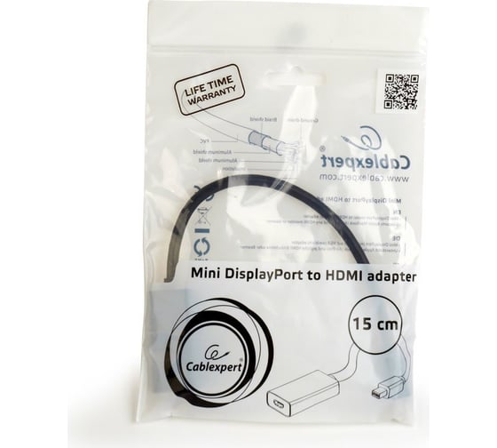 Переходник Cablexpert, miniDisplayPort - HDMI, 20M/19F, кабель 15 см, черный, пакет, A-mDPM-HDMIF-02