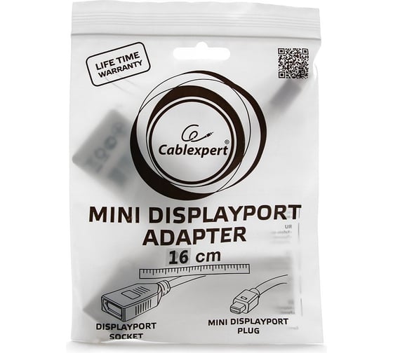 Переходник Cablexpert, miniDisplayPort - DisplayPort, 20M/20F, длина 16 см, белый, A-mDPM-DPF-001-W