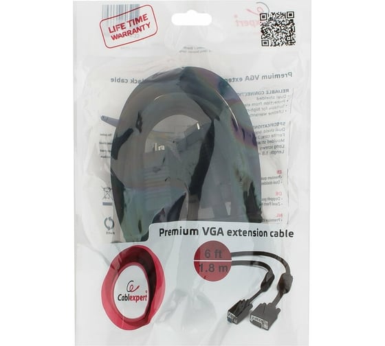 Кабель удлинитель Cablexpert, VGA, Premium, 15M/15F, 1.8м, черный CC-PPVGAX-6B