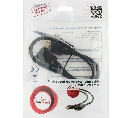 Кабель-удлинитель Cablexpert HDMI, 0.5м, v2.0, 19M/19F, медь, позол.разъемы, черный CC-HDMI4X-0.5M