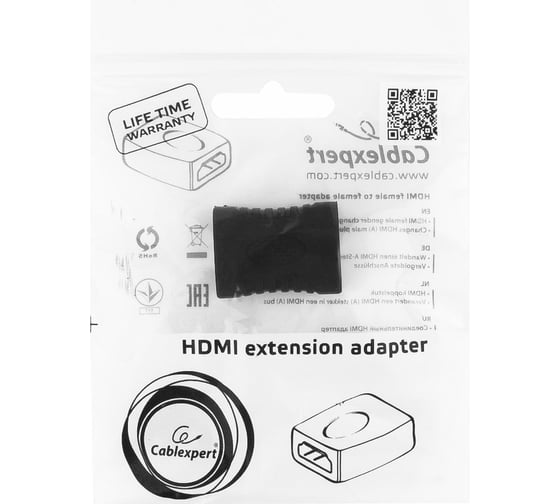 Переходник Cablexpert HDMI-HDMI, 19F/19F, пакет, золотые разъемы A-HDMI-FF