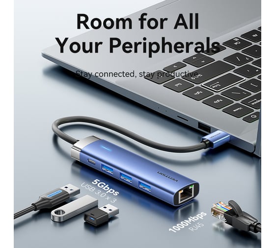 Сетевой адаптер VENTION USB 3.0 M/Gigabit Ethernet RJ45+OTG хаб 3xUSB Синий - 0.15м. TGFSB