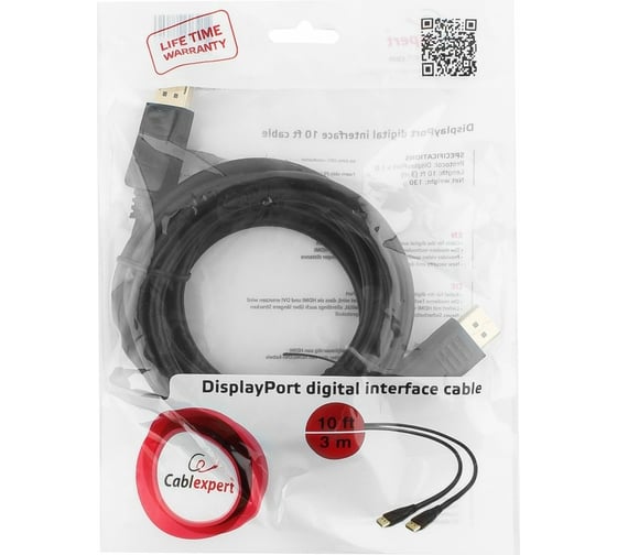 Кабель Cablexpert DisplayPort, 3м, 20M/20M, пакет, черный экран CC-DP-10