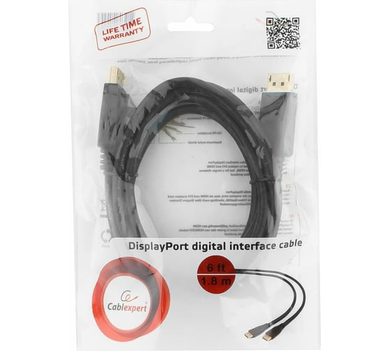 Кабель Cablexpert DisplayPort, 1.8м, 20M/20M, пакет, черный экран CC-DP-6