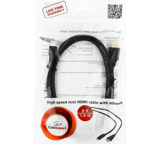 Кабель Cablexpert HDMI-miniHDMI v2.0, 19M/19M, 1.8м, 3D, Ethernet, медь, позол.разъемы, экран, черный CC-HDMI4C-6