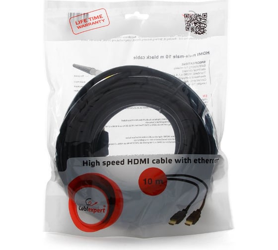 Кабель Cablexpert HDMI v2.0, 19M/19M, 10м, медь, черный, позолоченные разъемы, экран, пакет CC-HDMI4-10M