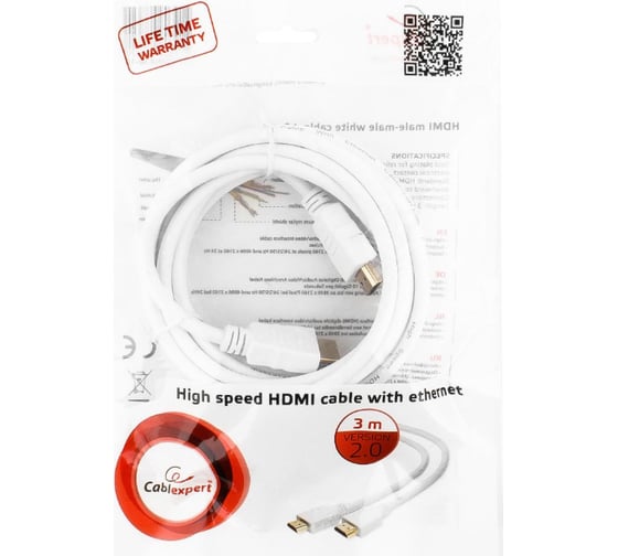 Кабель Cablexpert HDMI v2.0, 19M/19M, 3м, медь, белый, позолоченные разъемы, экран, пакет CC-HDMI4-W-10