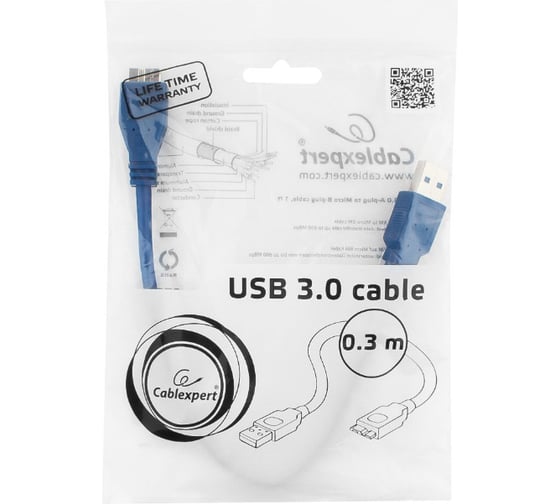 Кабель Cablexpert Pro USB 3.0 AM/micro BM 9P, 30см, экран, синий, пакет CCP-mUSB3-AMBM-1