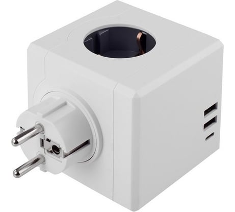 Разветвитель ROCKETSOCKET cube original lite 3 euro 16a, 3 usb 2a+c с блоком 5в/3.1а, цвет белый-серый GN1206