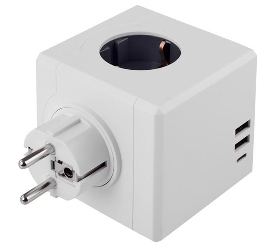Разветвитель ROCKETSOCKET cube original lite 3 euro 16a, 3 usb 2a+c с блоком 5в/3.1а, цвет белый-серый GN1206