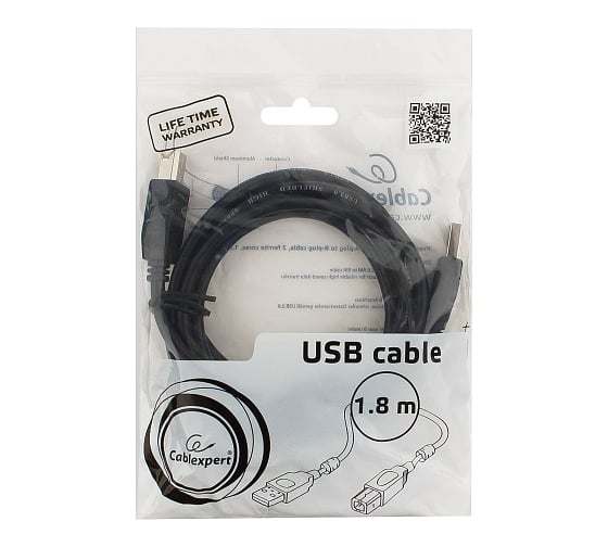 Кабель Cablexpert USB 2.0 Pro AM/BM, 1.8 м, экранированный, 2 ферритовых кольца, черный, пакет, CCF2-USB2-AMBM-6