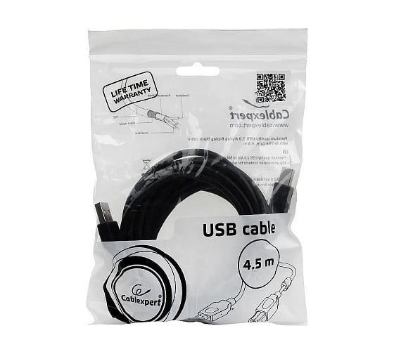 Кабель Cablexpert USB 2.0 Pro AM/BM, 4.5 м, экранированный, ферритовое кольцо, черный, пакет, CCF-USB2-AMBM-15