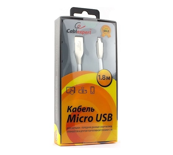 Кабель Cablexpert USB 2.0 AM/microB, серия Gold, длина 1.8 м, белый, блистер CC-G-mUSB01W-1.8M