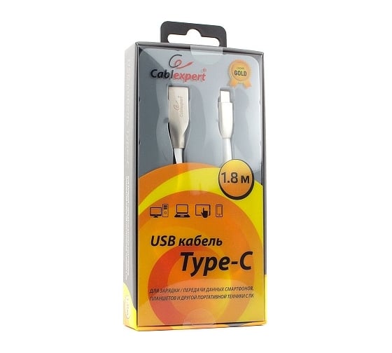 Кабель Cablexpert USB 2.0 AM/Type-C, серия Gold, длина 1.8 м, белый, блистер, CC-G-USBC01W-1.8M