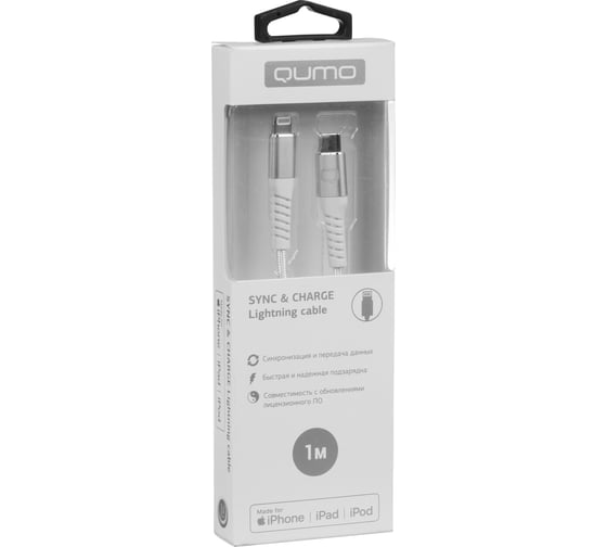 Кабель QUMO MFI С91, Type-C - Apple 8 pin, 1м, 5-9В, до 2А, 18Вт, оплетка нейлоновая леска, кон. металл серебро, белая оплетка 24508