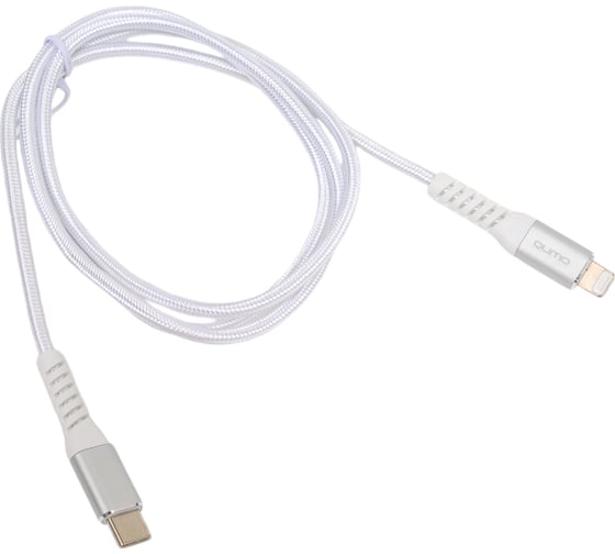 Кабель QUMO MFI С91, Type-C - Apple 8 pin, 1м, 5-9В, до 2А, 18Вт, оплетка нейлоновая леска, кон. металл серебро, белая оплетка 24508