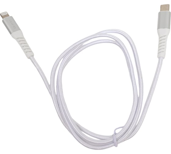 Кабель QUMO MFI С91, Type-C - Apple 8 pin, 1м, 5-9В, до 2А, 18Вт, оплетка нейлоновая леска, кон. металл серебро, белая оплетка 24508
