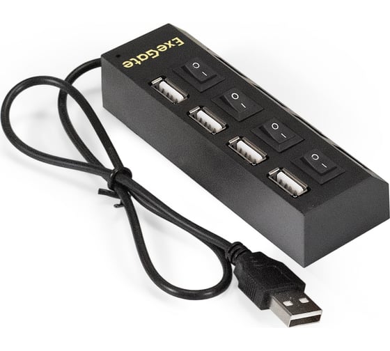 USB-Хаб концентратор ExeGate 4-в-1 DUB-42SW кабель-адаптер USB2.0-4xUSB2.0, кнопки включения отключения для каждого порта, Plug&Play, черный 293977