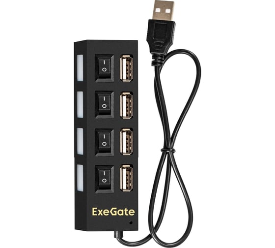 USB-Хаб концентратор ExeGate 4-в-1 DUB-42SW кабель-адаптер USB2.0-4xUSB2.0, кнопки включения отключения для каждого порта, Plug&Play, черный 293977