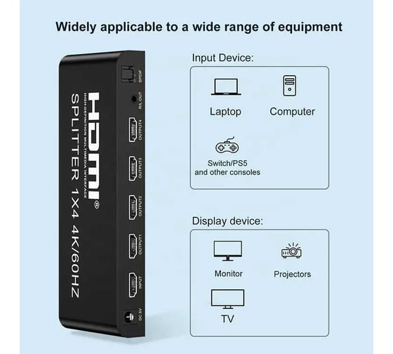 Сплиттер PALMEXX SPT-14V20 1HDMI-4HDMI, HDMI2.0, 4k/60Hz YUV 4:4:4 HDR, Audio Extractor PX/SPT-14V20