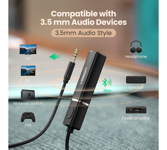 Передатчик Bluetooth Ugreen CM107 (40761) Bluetooth Transmitter Audio Adapter with 3.5mm Port цвет: черный 40761_