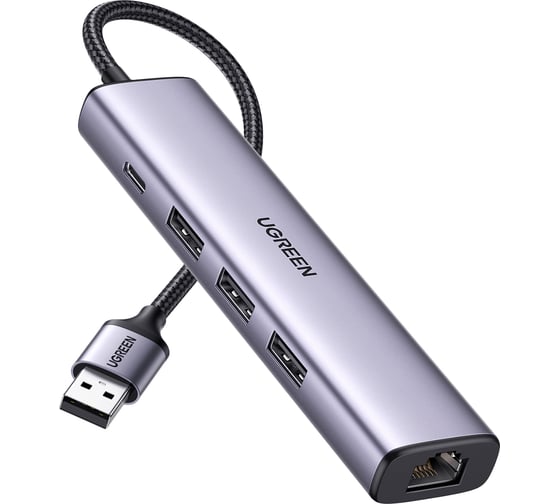Адаптер Ugreen CM475 () USB3.0 to 3×USB3.0 +RJ45 (1000M) Ethernet Adapter Type-C Power Supply. Цвет: серый 60554