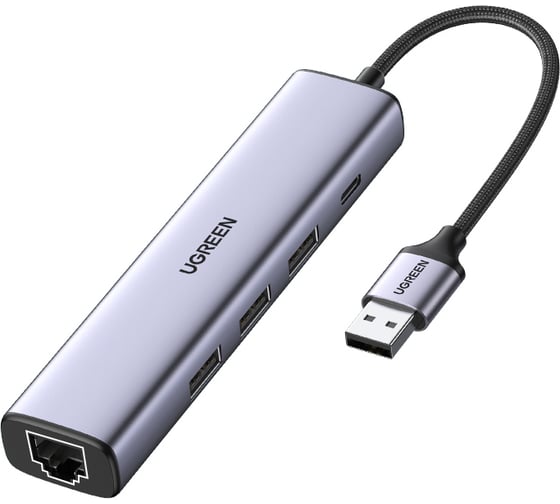 Адаптер Ugreen CM475 () USB3.0 to 3×USB3.0 +RJ45 (1000M) Ethernet Adapter Type-C Power Supply. Цвет: серый 60554