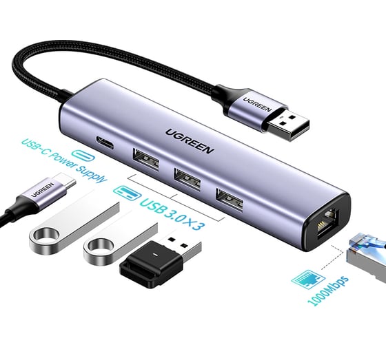 Адаптер Ugreen CM475 () USB3.0 to 3×USB3.0 +RJ45 (1000M) Ethernet Adapter Type-C Power Supply. Цвет: серый 60554