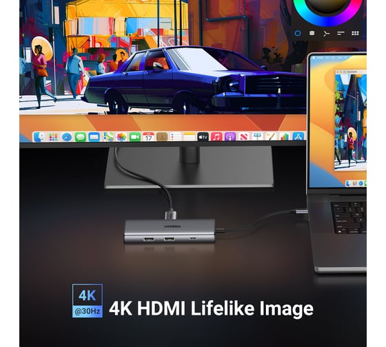 Адаптер Ugreen CM498 (15531) Revodok Pro 7-in-1 4K@30Hz HDMI&2*USB- A 3.2&USB-C 3.2&SD/TF&PD Adapter. Цвет: серый 15531_