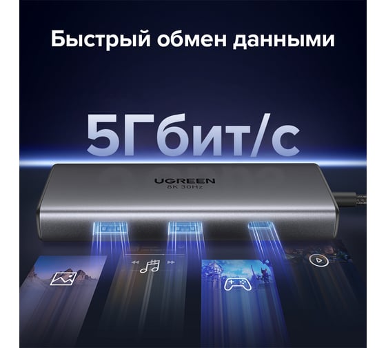Адаптер Ugreen CM498 (15852) Revodok 6-in-1 8K@30Hz USB-C to 2*USB-A 3.0&USB-C 3.0&2*HDMI&PD Adpter. Цвет: серый 15852_