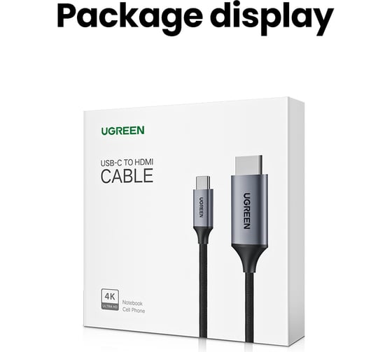 Кабель Ugreen MM142 () USB-C to HDMI Male to Male Cable Aluminum Shell длина: 1м. цвет: серый 25155