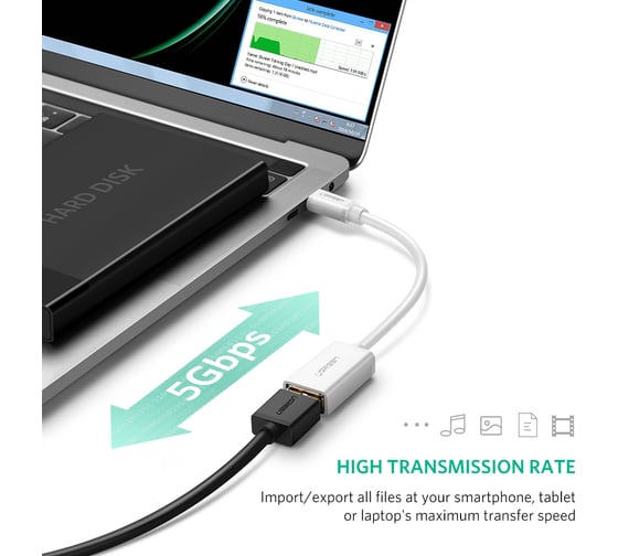 Кабель Ugreen US154 (30702) USB-C Male to USB 3.0 A Female OTG Cable. цвет: белый 30702_