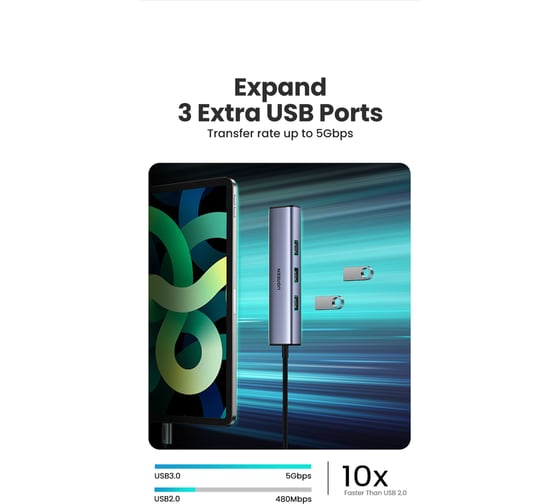Адаптер Ugreen CM475  USB-C to 3×USB3.0 Hub+RJ45 (1000M) Ethernet Adapter без порта питания. Цвет: серый 60600