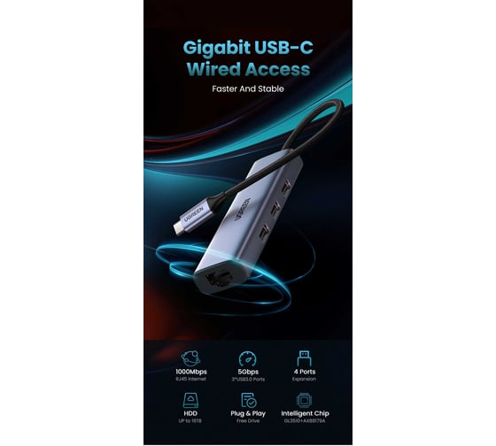 Адаптер Ugreen CM475  USB-C to 3×USB3.0 Hub+RJ45 (1000M) Ethernet Adapter без порта питания. Цвет: серый 60600