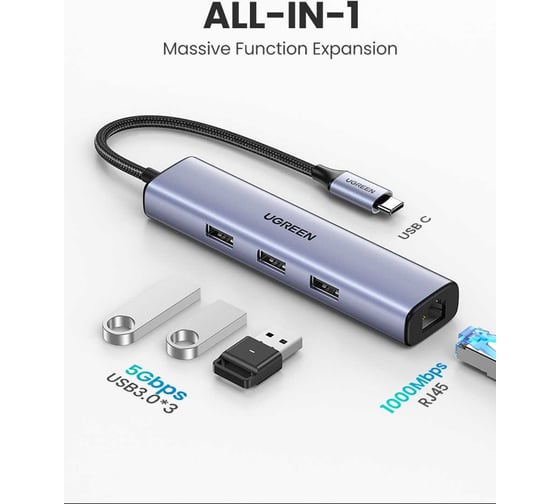 Адаптер Ugreen CM475  USB-C to 3×USB3.0 Hub+RJ45 (1000M) Ethernet Adapter без порта питания. Цвет: серый 60600