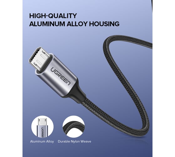 Кабель Ugreen US290  USB 2.0 A to Micro USB Cable Nickel Plating Alu Braid. Длина: 1,5м. Цвет: серо-черный 60147