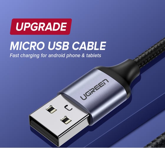 Кабель Ugreen US290  USB 2.0 A to Micro USB Cable Nickel Plating Alu Braid. Длина: 1,5м. Цвет: серо-черный 60147